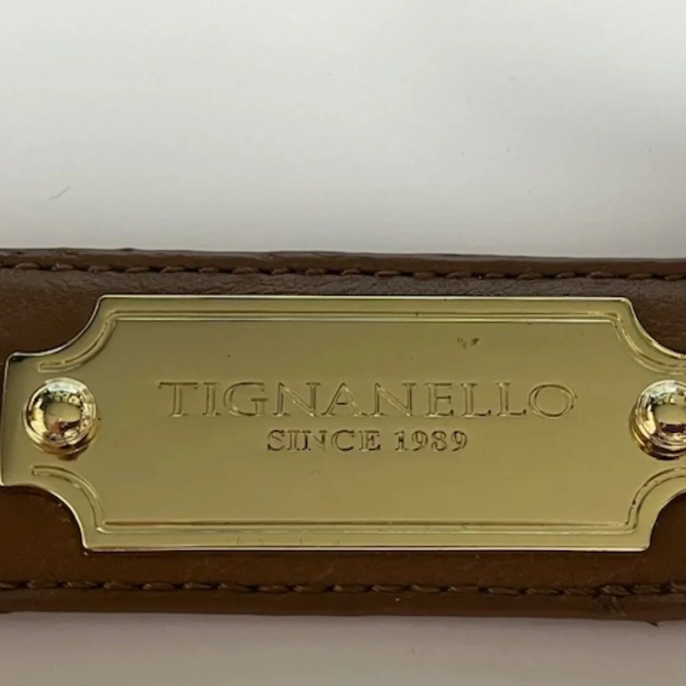 Tignanello Brown Leather Metal Key Fob Purse Clip & Ring Hang Tag